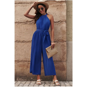 Blue Pleated Wide-Leg Jumpsuit – Tie Waist – Great Condition
